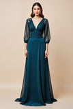 Blue A Line Chiffon Mother of the Bride Dress with 3/4 Sleeves
