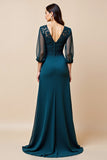 Blue A Line Chiffon Mother of the Bride Dress with 3/4 Sleeves