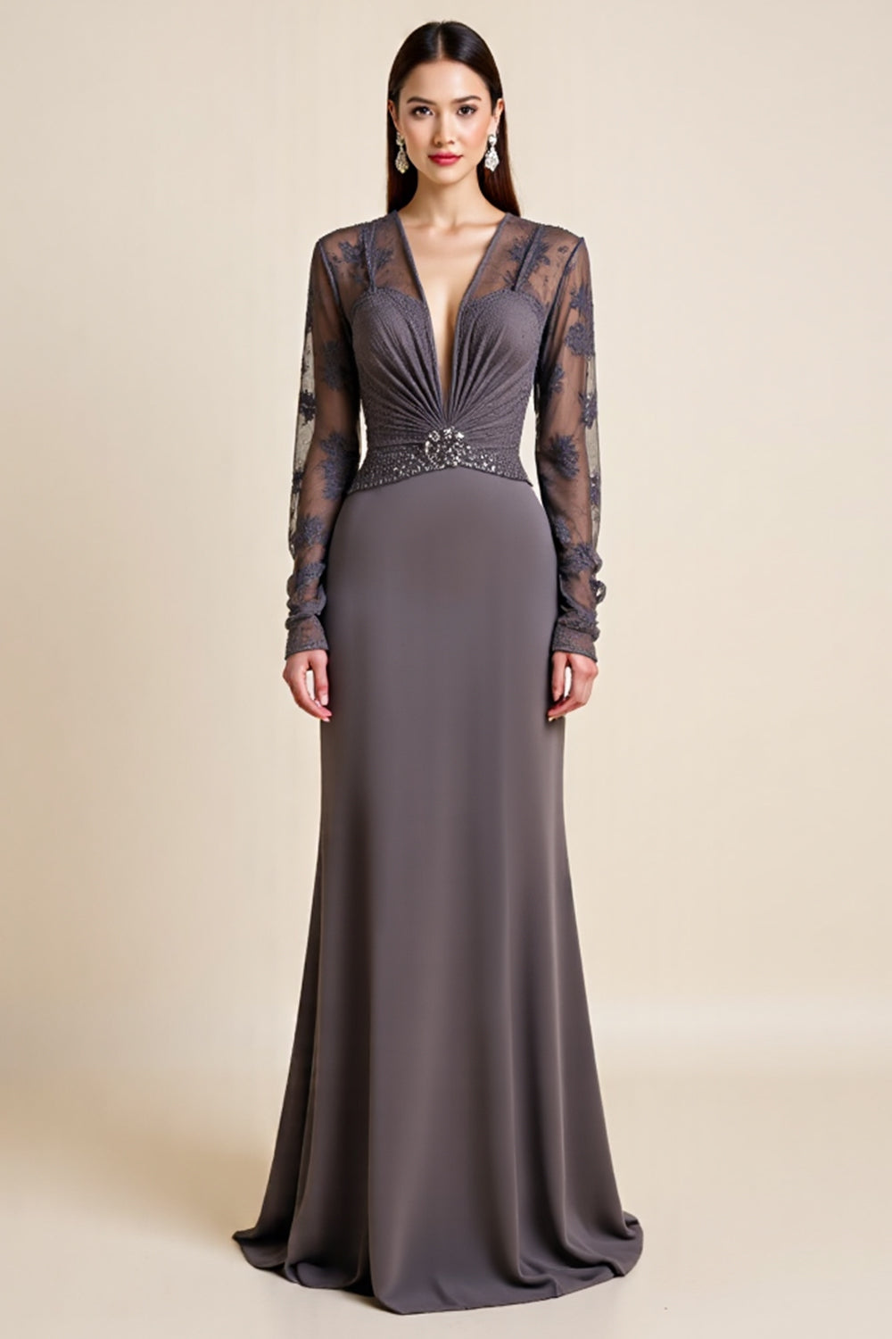 Grey Long Sleeves Mother of the Bride Dress with Appliques