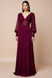 Burgundy Long Sleeves Mother Of The Bride Dress with Appliques