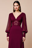 Burgundy Long Sleeves Mother Of The Bride Dress with Appliques
