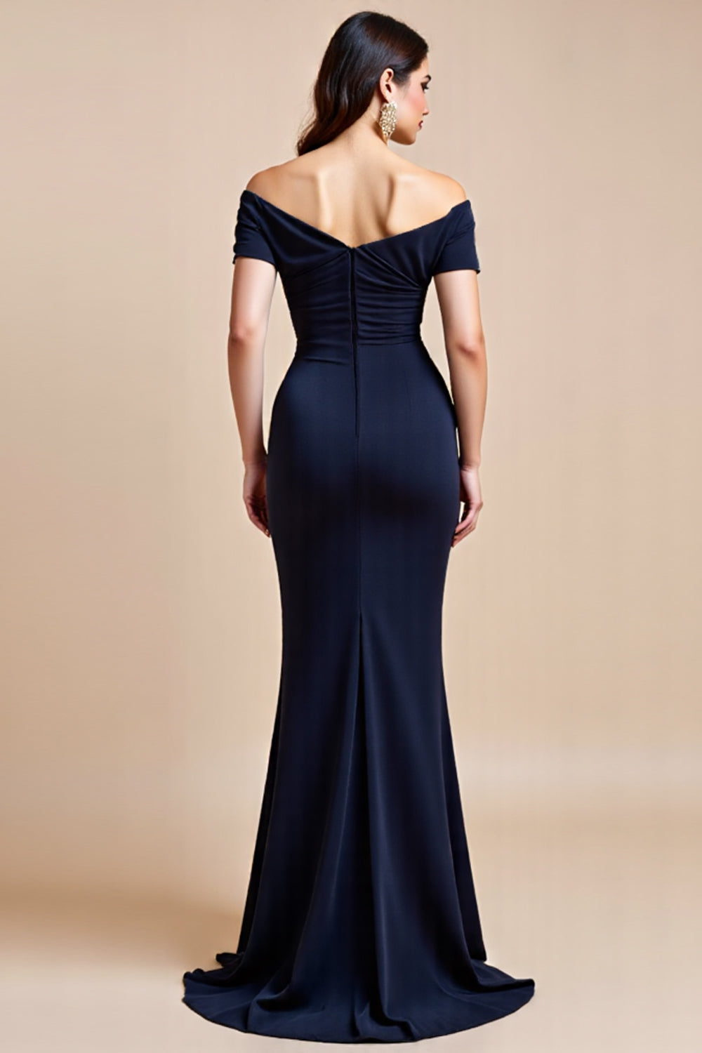 Off The Shoulder Navy Ruched Navy Mother of the Bride Dress with Slit