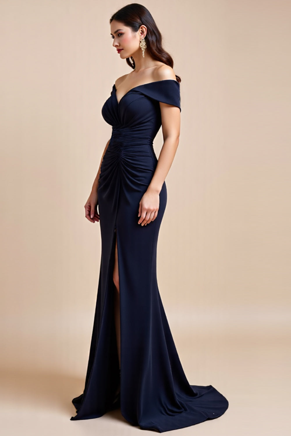 Off The Shoulder Navy Ruched Navy Mother of the Bride Dress with Slit