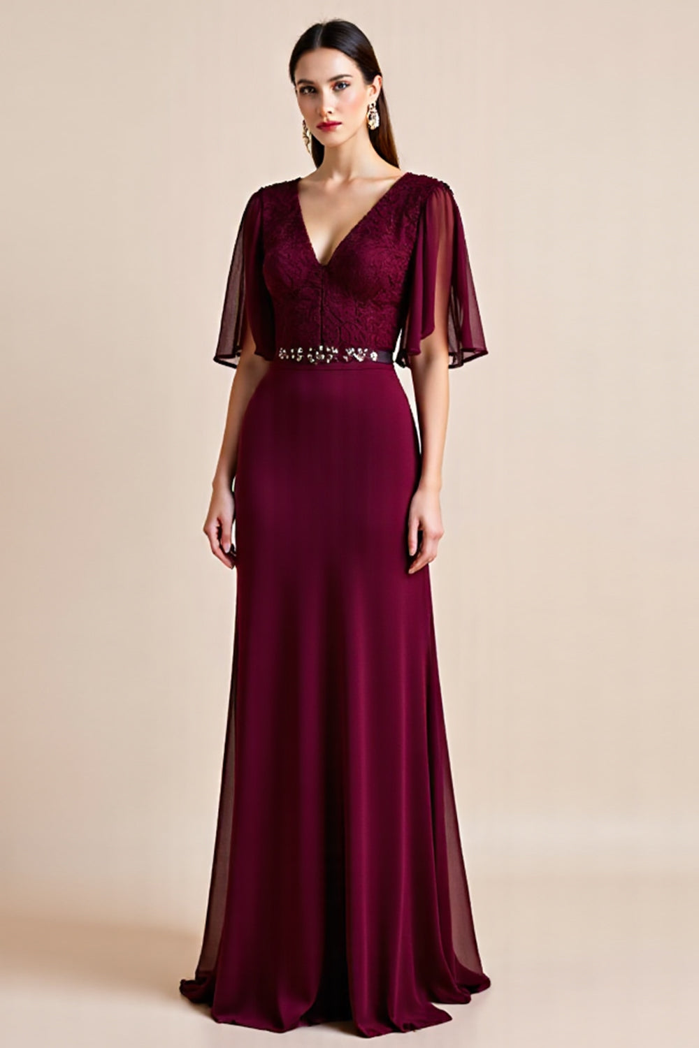 Burgundy Flutter Sleeves Mother Of The Bride Dress with Beading
