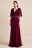Burgundy Flutter Sleeves Mother Of The Bride Dress with Beading