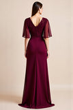 Burgundy Flutter Sleeves Mother Of The Bride Dress with Beading