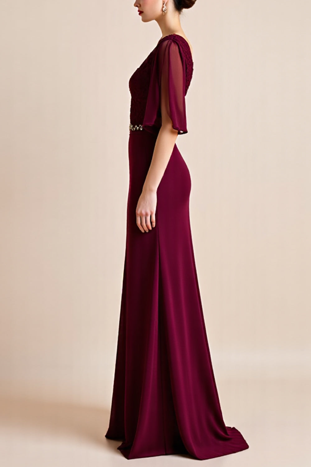 Burgundy Flutter Sleeves Mother Of The Bride Dress with Beading