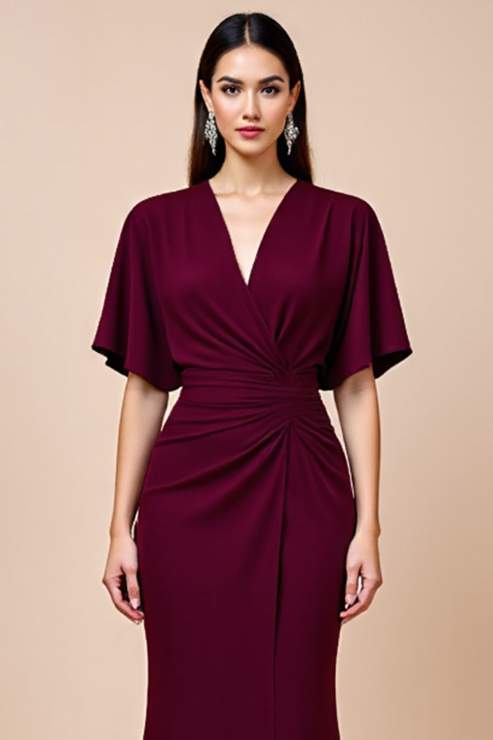 Mermaid Burgundy Flutter Sleeves Mother of the Bride Dress