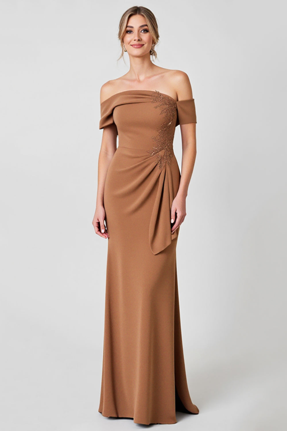 Off The Shoulder Brown Sheath Formal Dress with Appliques
