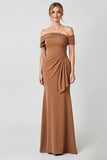 Off The Shoulder Brown Sheath Formal Dress with Appliques