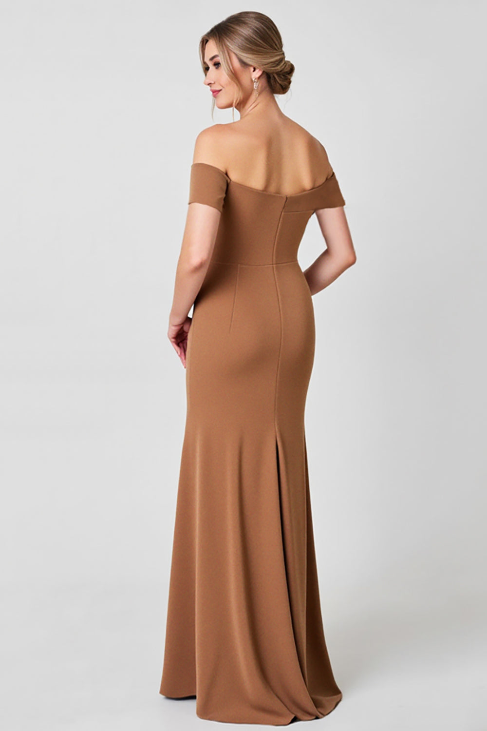 Off The Shoulder Brown Sheath Formal Dress with Appliques