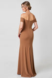 Off The Shoulder Brown Sheath Formal Dress with Appliques