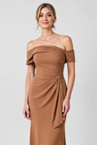 Off The Shoulder Brown Sheath Formal Dress with Appliques