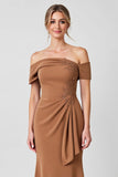 Off The Shoulder Brown Sheath Formal Dress with Appliques