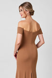 Off The Shoulder Brown Sheath Formal Dress with Appliques