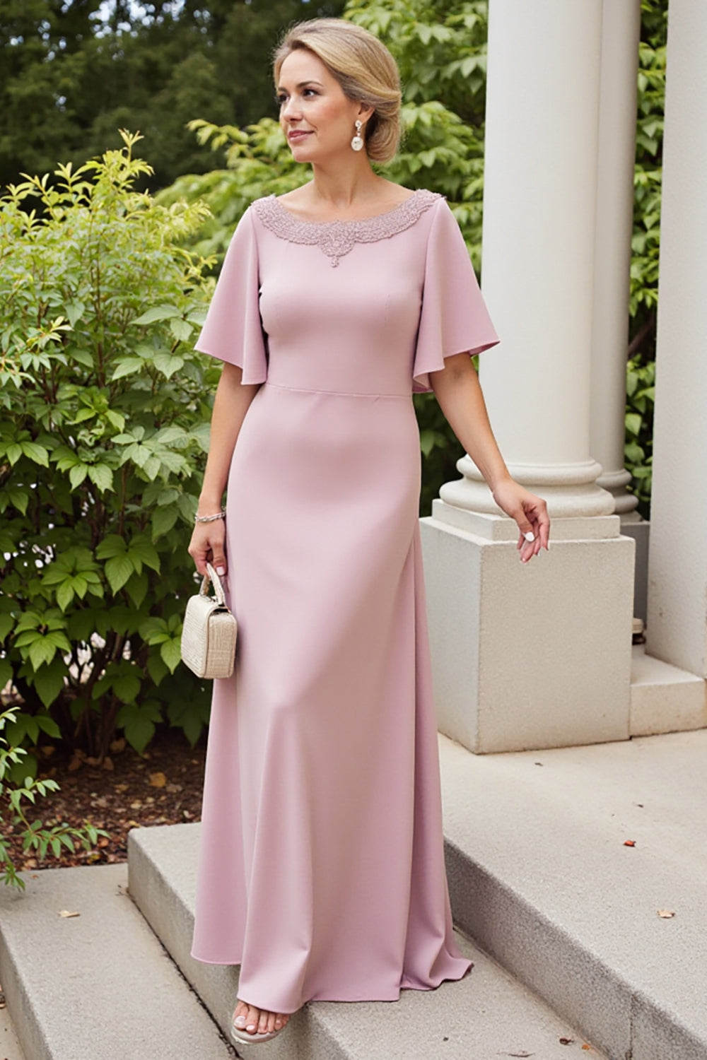 Dusty Rose Mother of the Bride Dress with Flutter Sleeves
