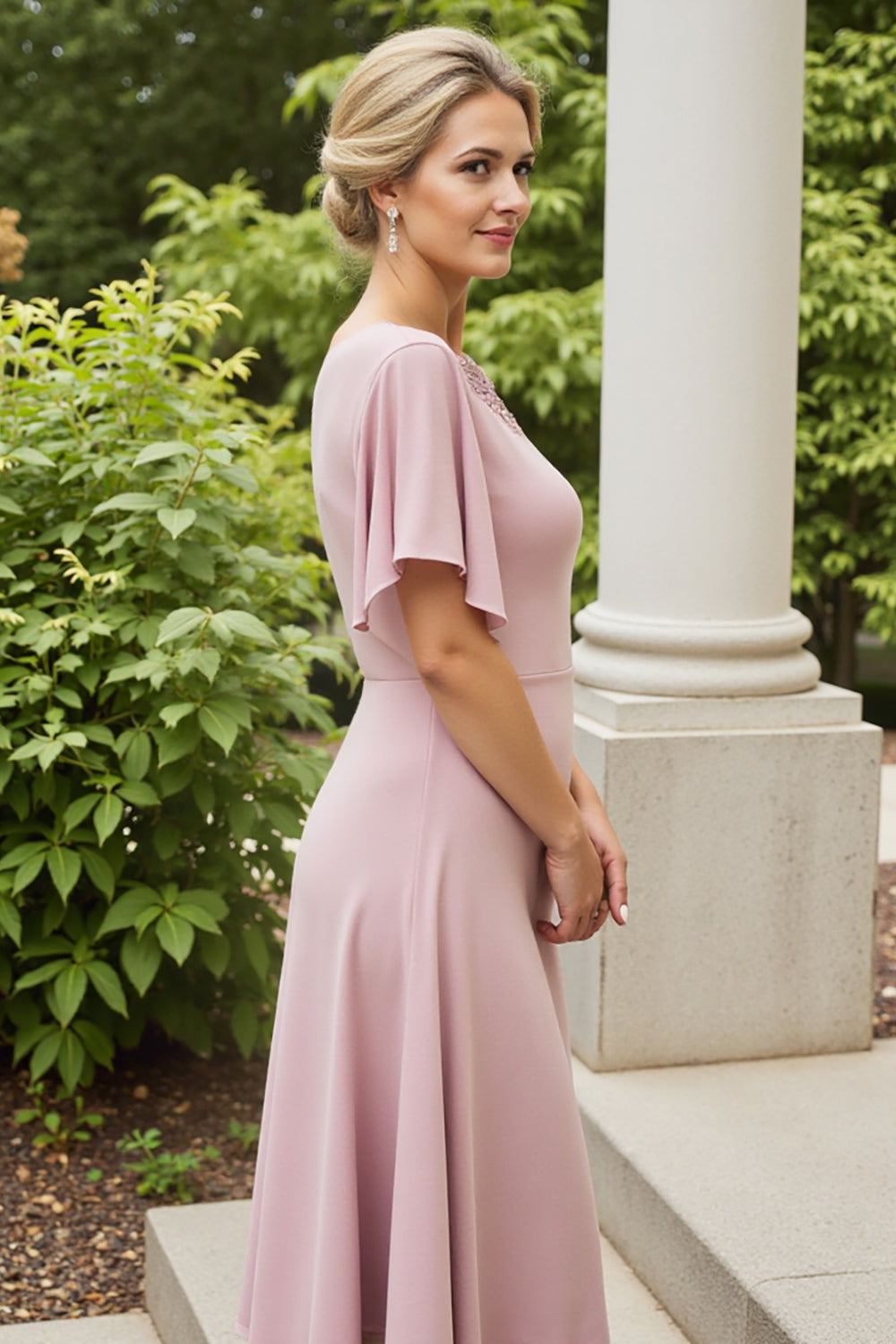 Dusty Rose Mother of the Bride Dress with Flutter Sleeves