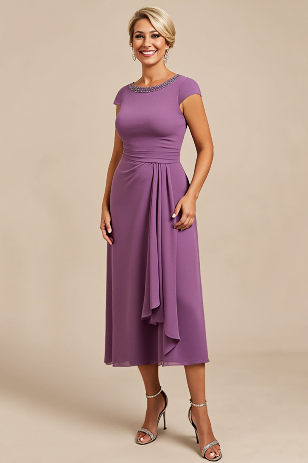 Purple Chiffon Midi Mother of the Bride Dress with Beading