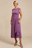 Purple Chiffon Midi Mother of the Bride Dress with Beading
