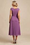 Purple Chiffon Midi Mother of the Bride Dress with Beading