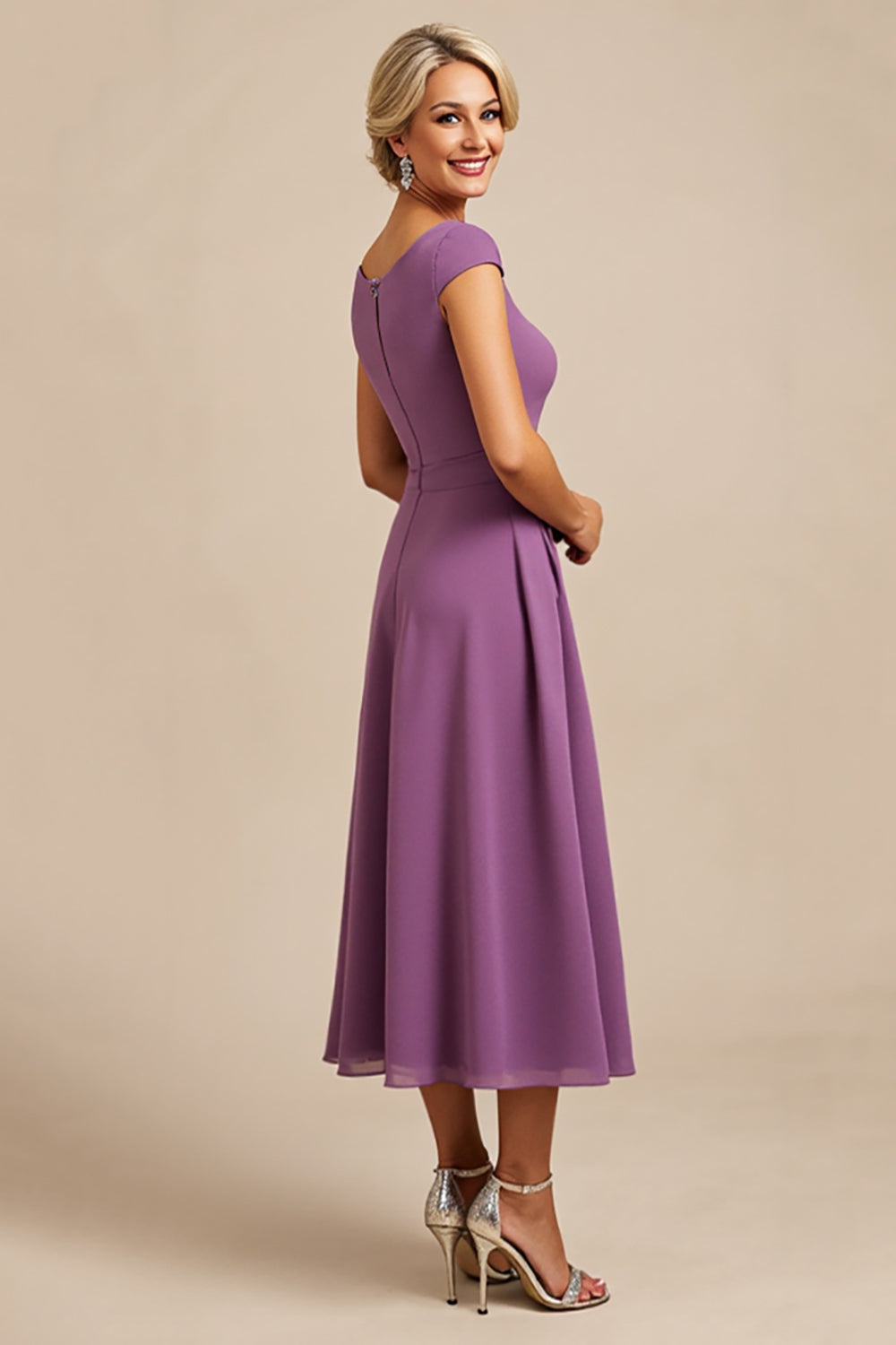 Purple Chiffon Midi Mother of the Bride Dress with Beading