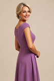 Purple Chiffon Midi Mother of the Bride Dress with Beading