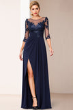 A Line Applique Navy Mother of the Bride Dress with Slit