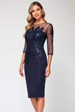 Navy Illusion Neck Mother of the Bride Dress with Appliques