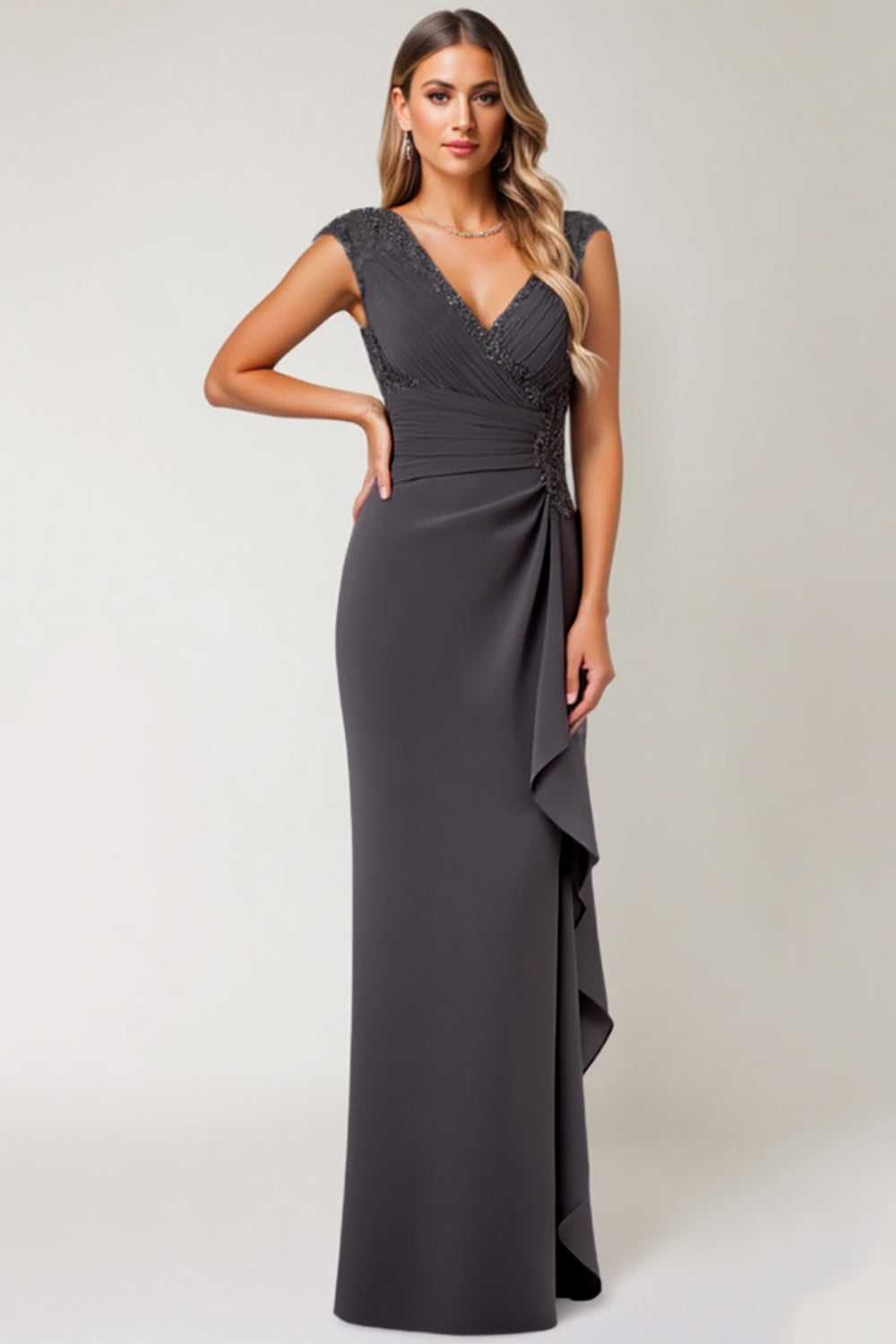 Grey Ruched Sheath Formal Dress with Appliques
