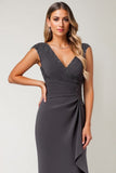 Grey Ruched Sheath Formal Dress with Appliques