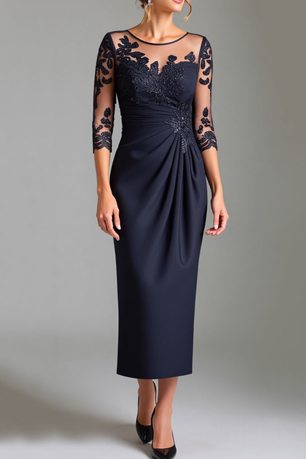 Navy Illusion Neck Mother of the Bride Dress with Appliques