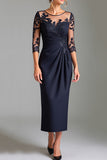 Navy Illusion Neck Mother of the Bride Dress with Appliques
