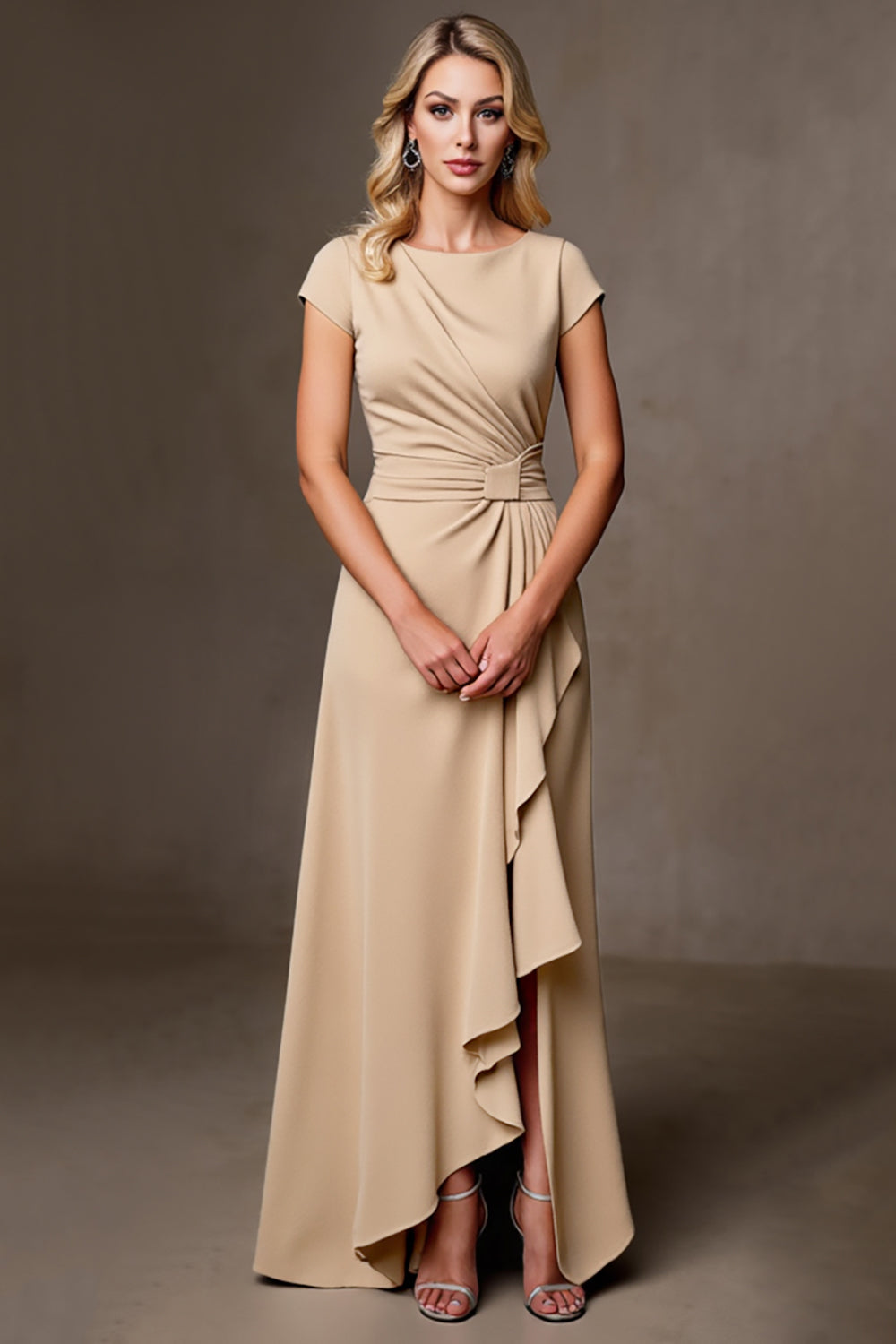 Ruffled A Line Champagne Wedding Guest Dress with Slit