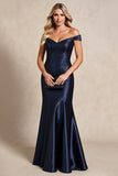 Mermaid Navy Off The Shoulder Satin Formal Dress
