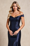 Mermaid Navy Off The Shoulder Satin Formal Dress