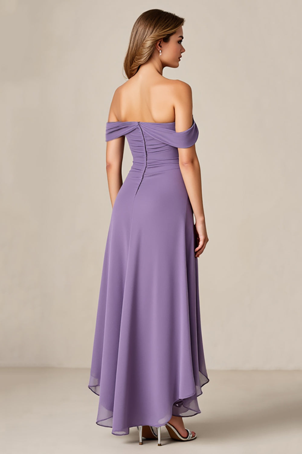 Purple Off The Shoulder Ruched Wedding Guest Dress