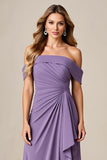 Purple Off The Shoulder Ruched Wedding Guest Dress