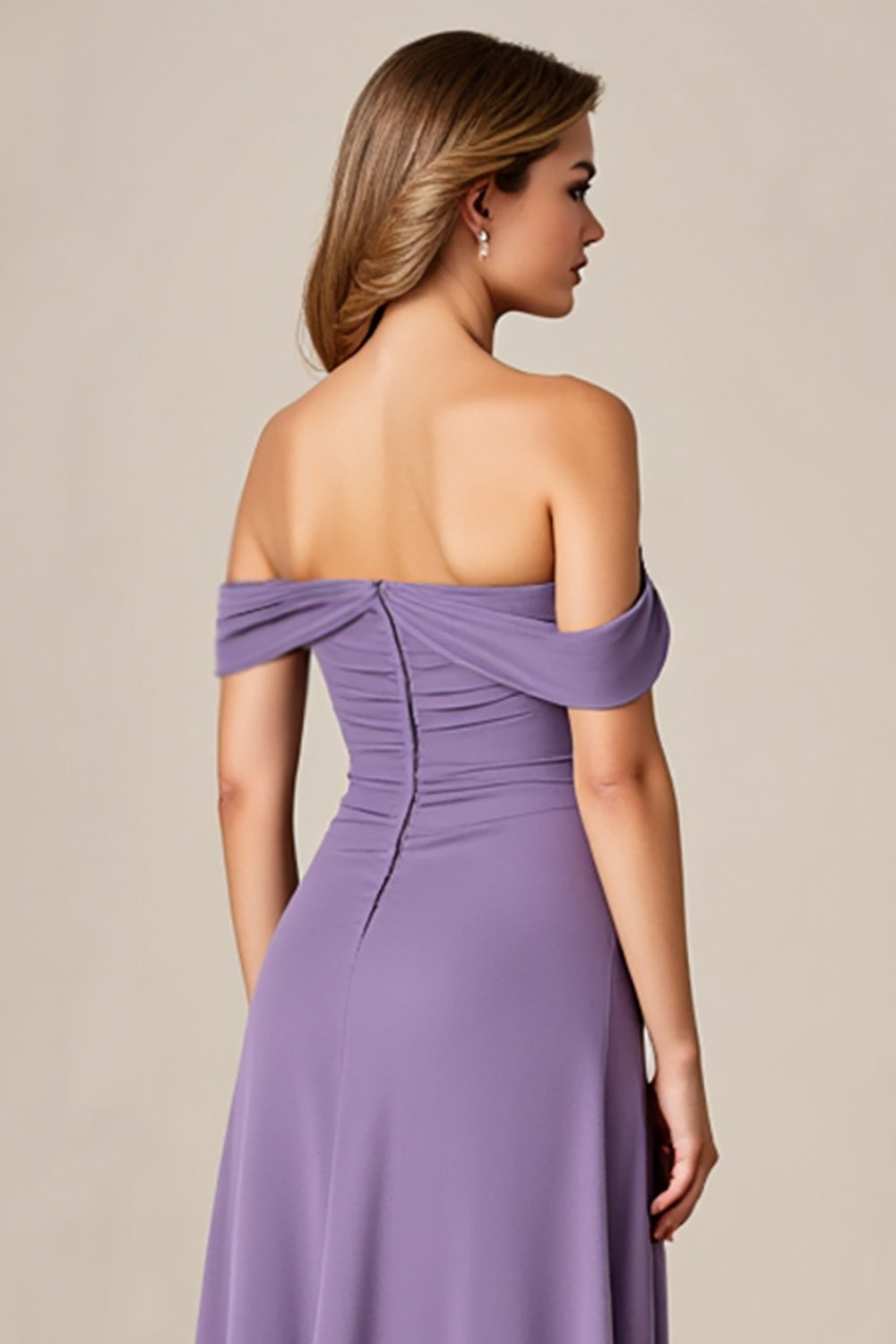 Purple Off The Shoulder Ruched Wedding Guest Dress