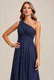 One Shoulder Navy A Line Mother of the Bride Dress