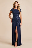Navy Sheath Applique Long Mother of the Bride Dress with Slit