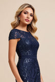 Navy Sheath Applique Long Mother of the Bride Dress with Slit