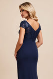 Navy Sheath Applique Long Mother of the Bride Dress with Slit
