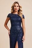 Navy Sheath Applique Long Mother of the Bride Dress with Slit