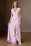 Chiffon Pink Ruffled A Line Wedding Guest Dress with Slit