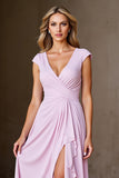 Chiffon Pink Ruffled A Line Wedding Guest Dress with Slit