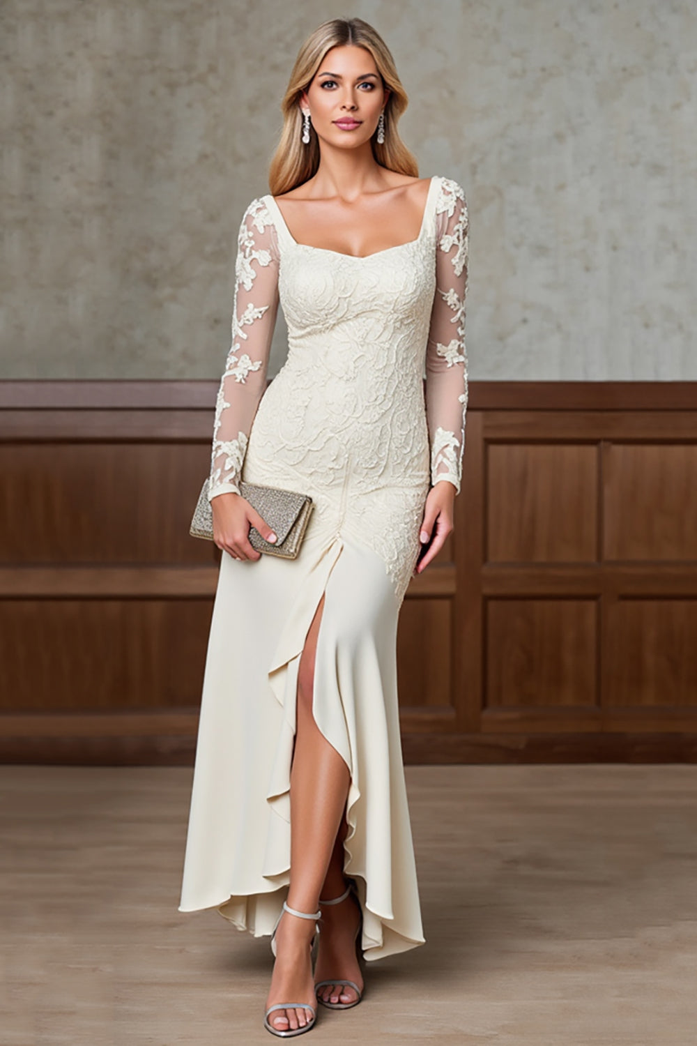 Champagne Sheath Long Sleeve Mother of the Bride Dress with Appliques