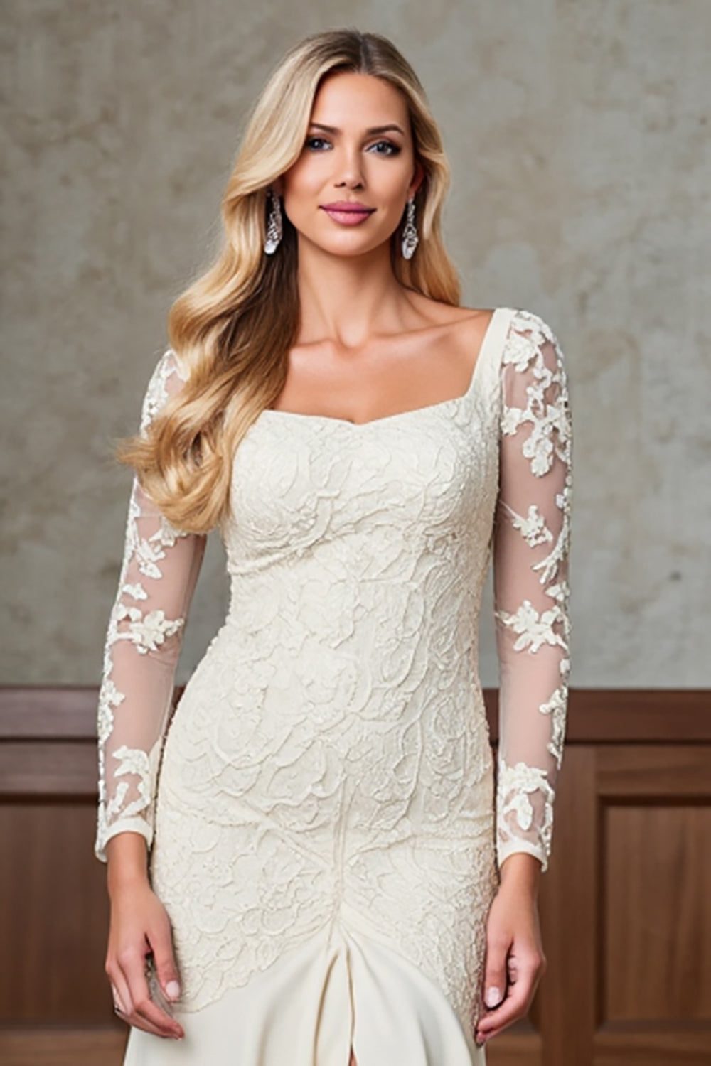 Champagne Sheath Long Sleeve Mother of the Bride Dress with Appliques