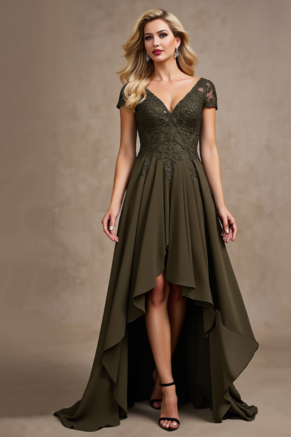 Olive High-Low A Line Formal Dress with Appliques