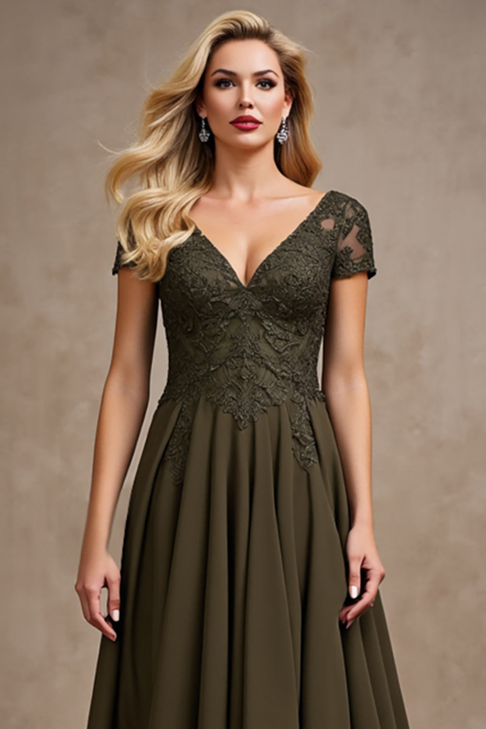 Olive High-Low A Line Formal Dress with Appliques