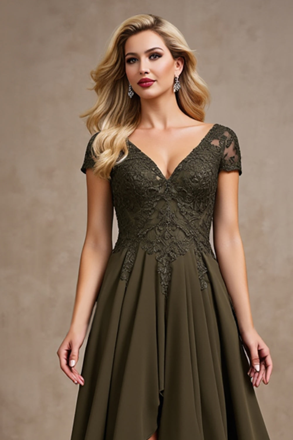 Olive High-Low A Line Formal Dress with Appliques